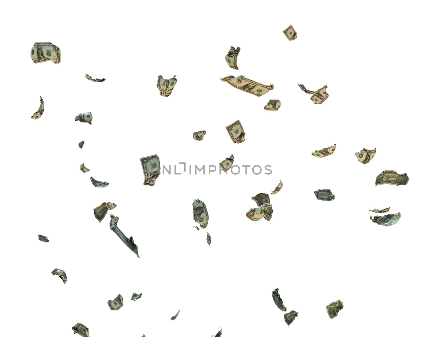 1 US Dollar Crumpled Banknotes flying, against white, clipping path included