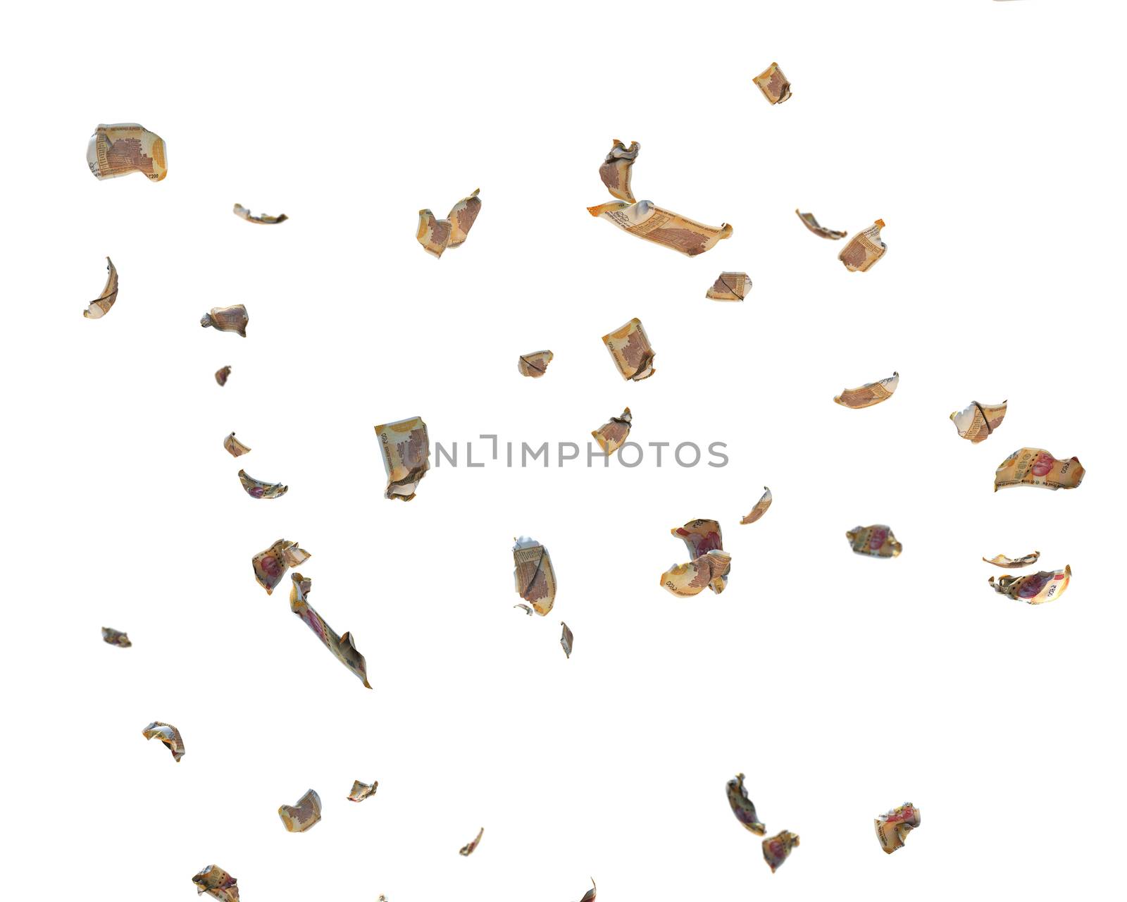 200 Indian Rupee Currency Crumpled Banknotes flying, against white, clipping path included