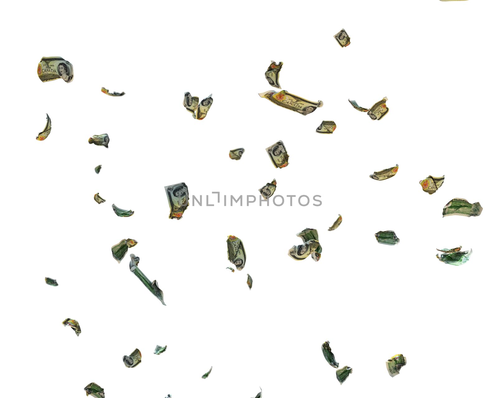 1 Canadian Dollar Currency Crumpled Banknotes flying, against white, clipping path included