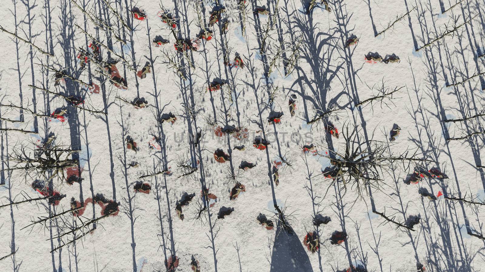 Dead soldiers laying in blood, scattered over snow forest, upper view
