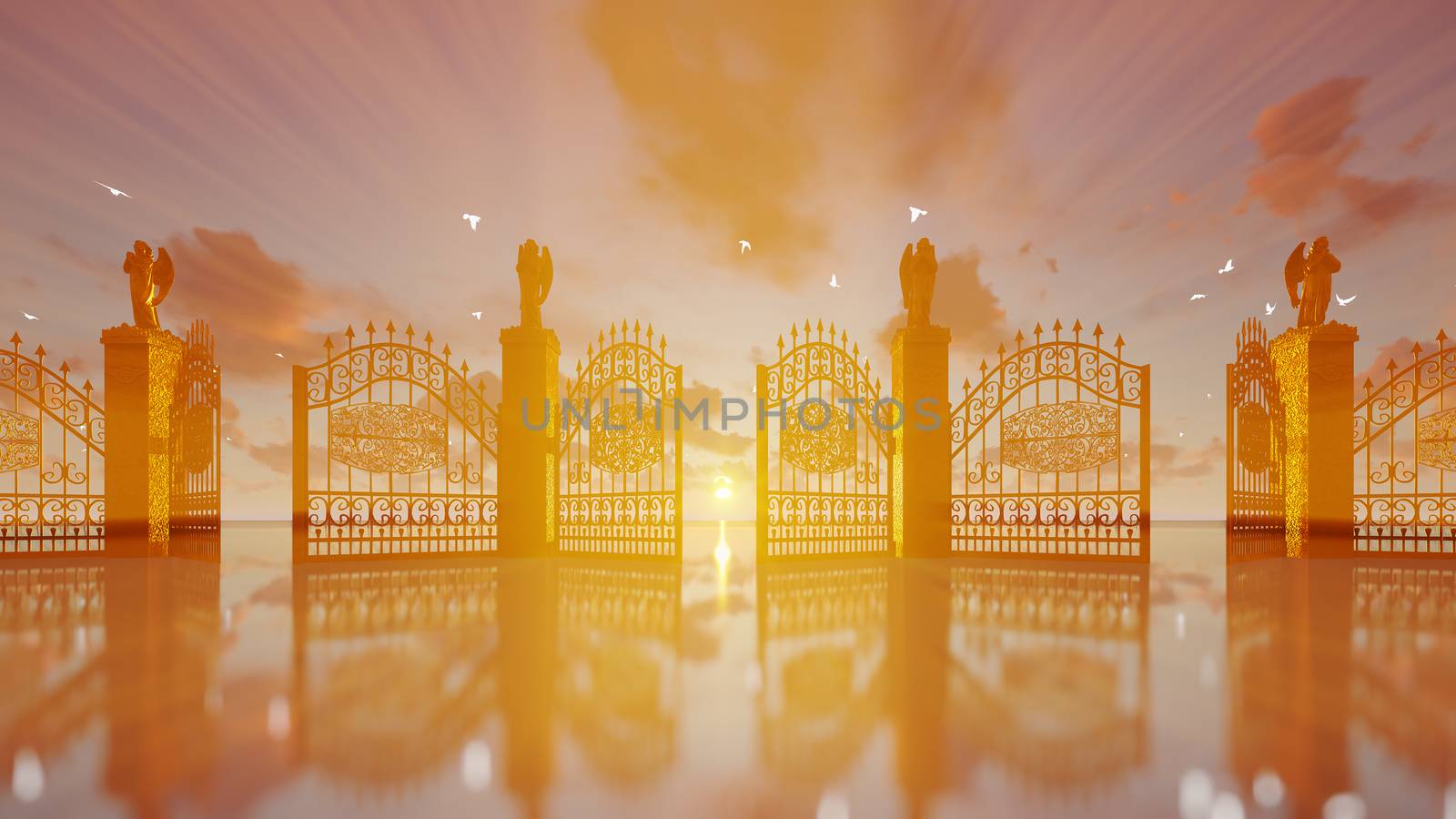 Golden gates of heaven opening against magical sunset and flying by pixelfootage