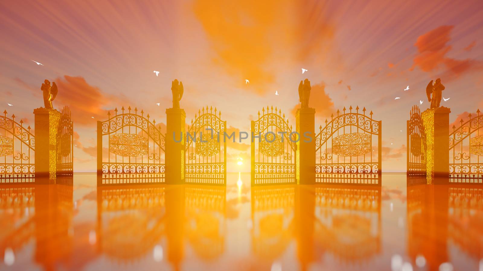 Golden gates of heaven opening against magical sunset and flying white doves