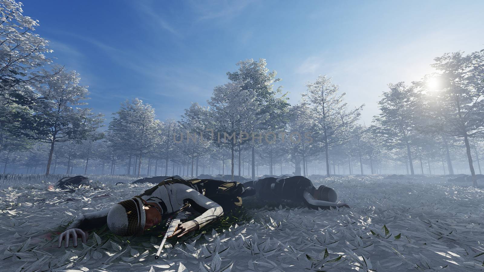 Dead soldiers laying in blood pools scattered over snow covered forest