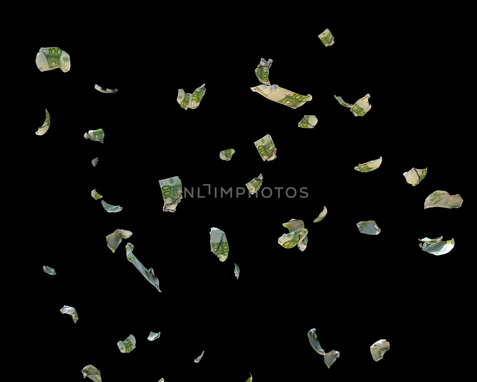 100 Euro Currency Crumpled Banknotes flying, against black, clipping path included