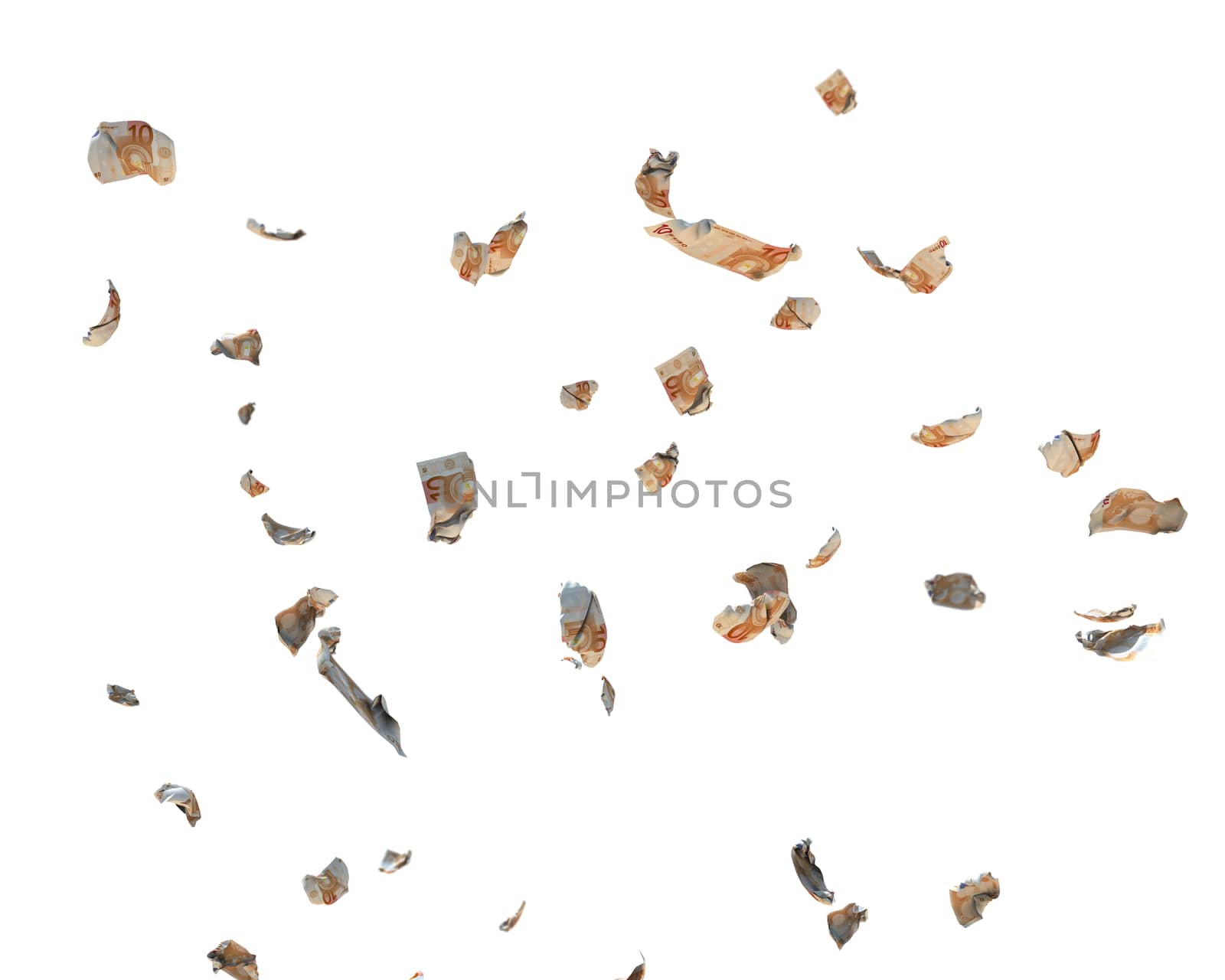 10 Euro Currency Crumpled Banknotes flying, against white, clipping path included