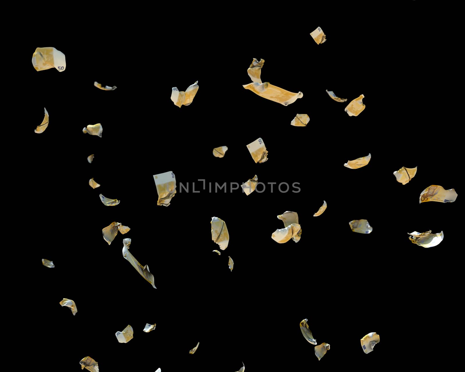 50 Euro Currency Crumpled Banknotes flying, against black, clipping path included