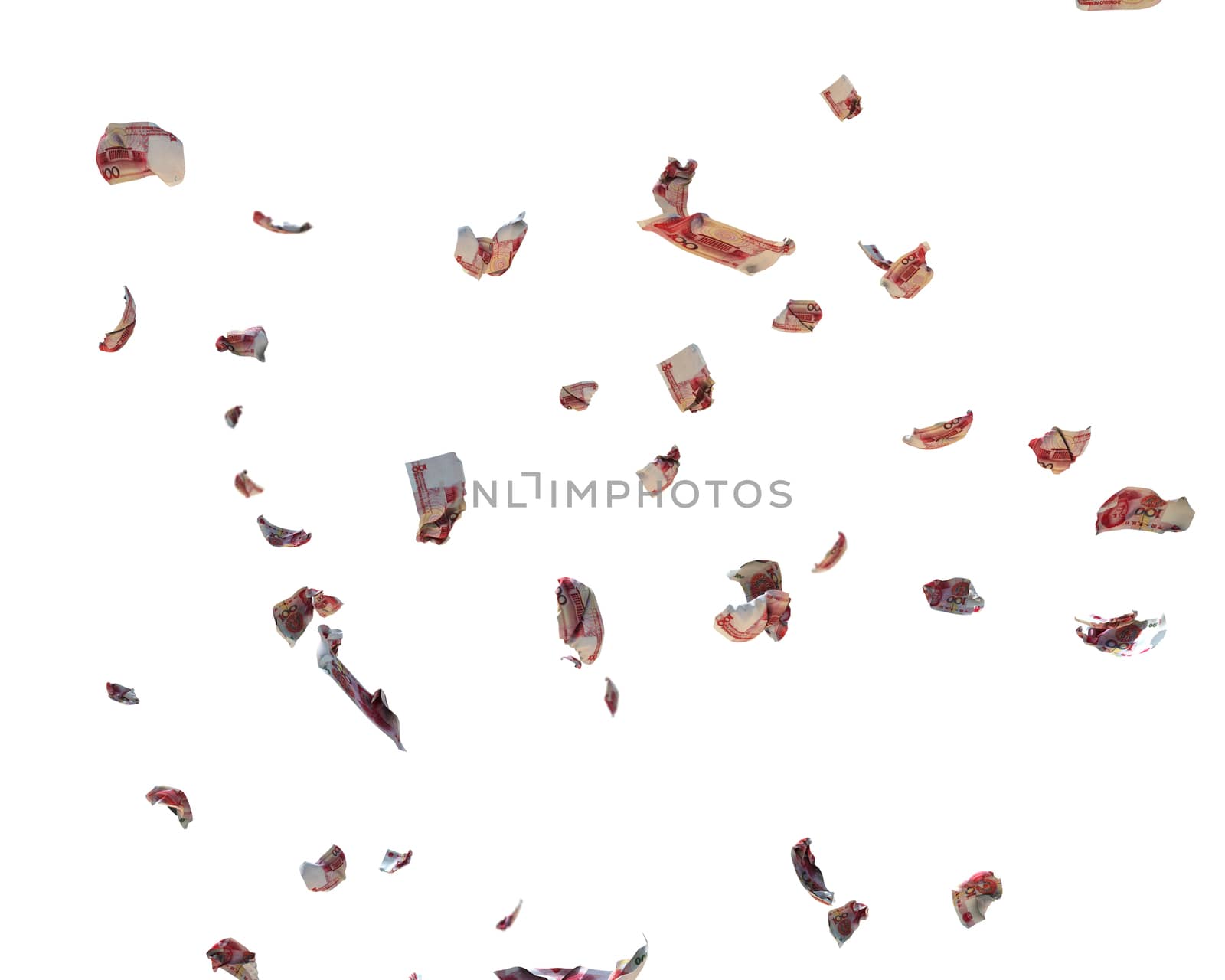 100 Chinese Yuan Currency Crumpled Banknotes flying, against white, clipping path included