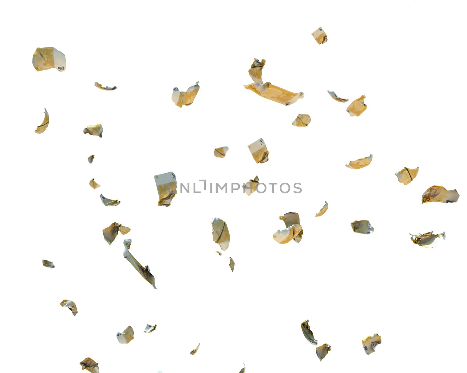 50 Euro Currency Crumpled Banknotes flying, against white, clipping path included