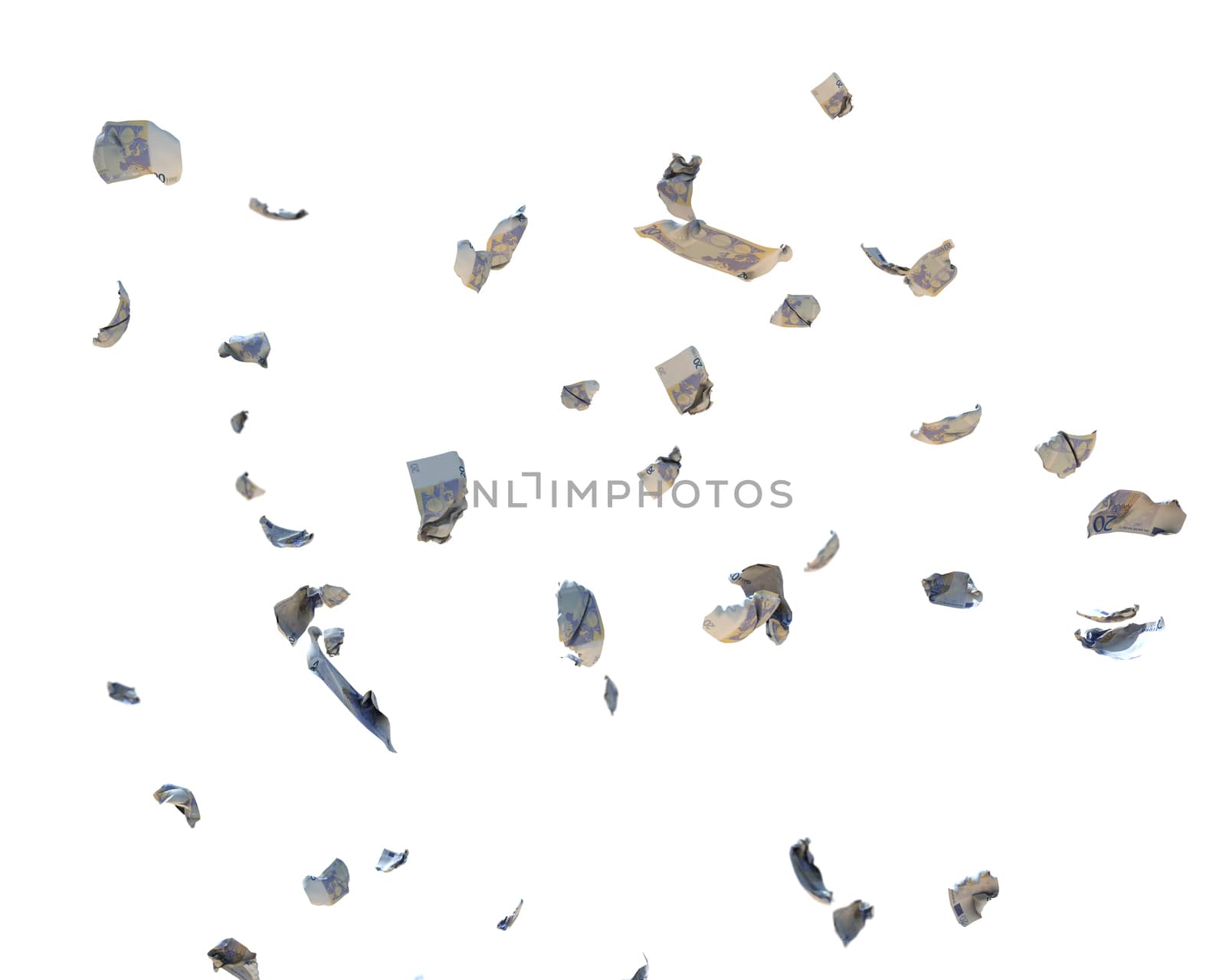 20 Euro Currency Crumpled Banknotes flying, against white, clipping path included