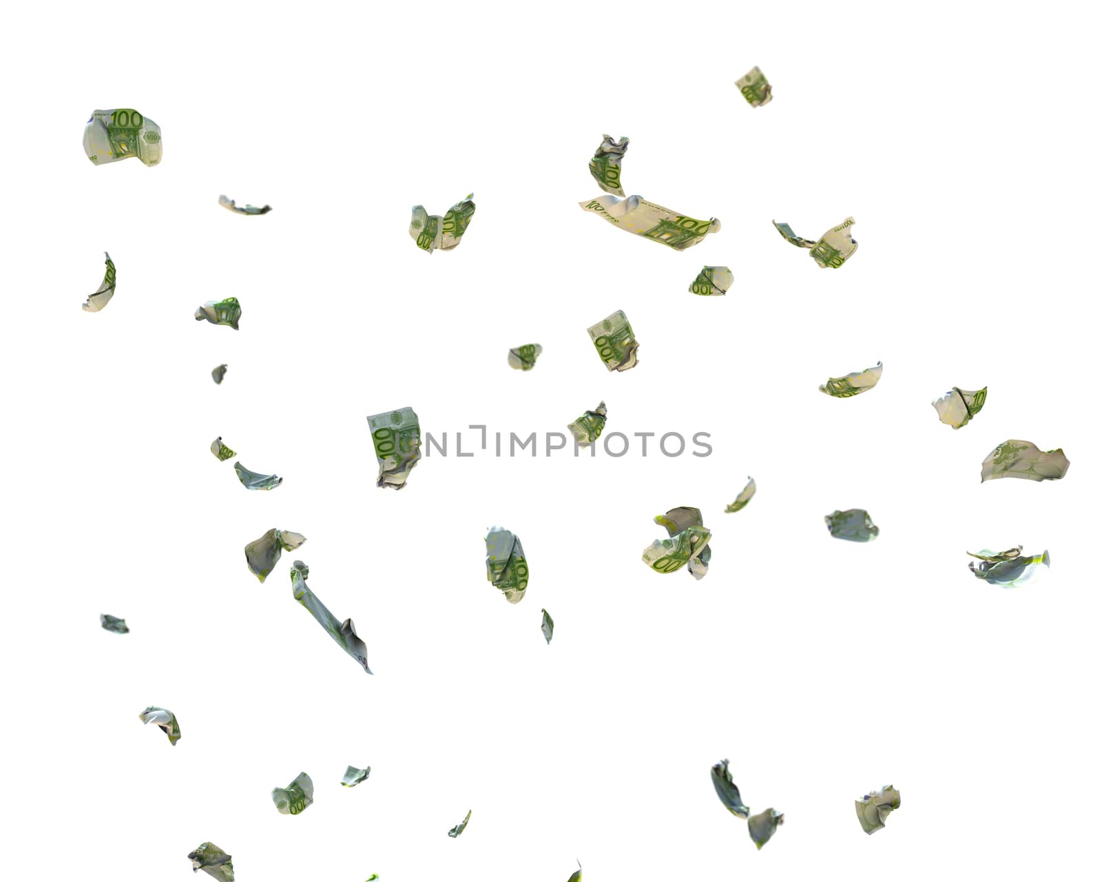 100 Euro Currency Crumpled Banknotes flying, against white, clipping path included