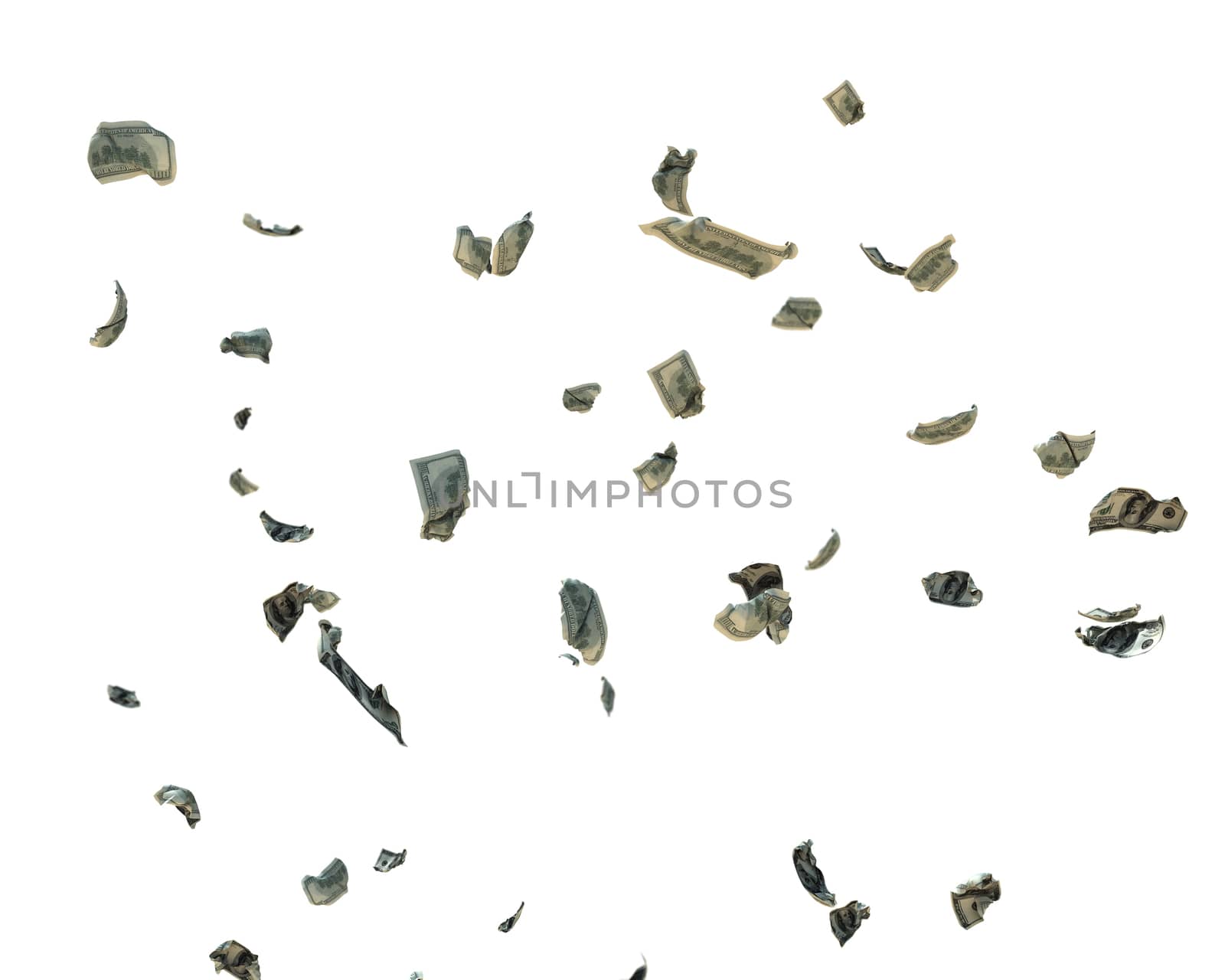 100 US Dollar Crumpled Banknotes flying, against white, clipping path included