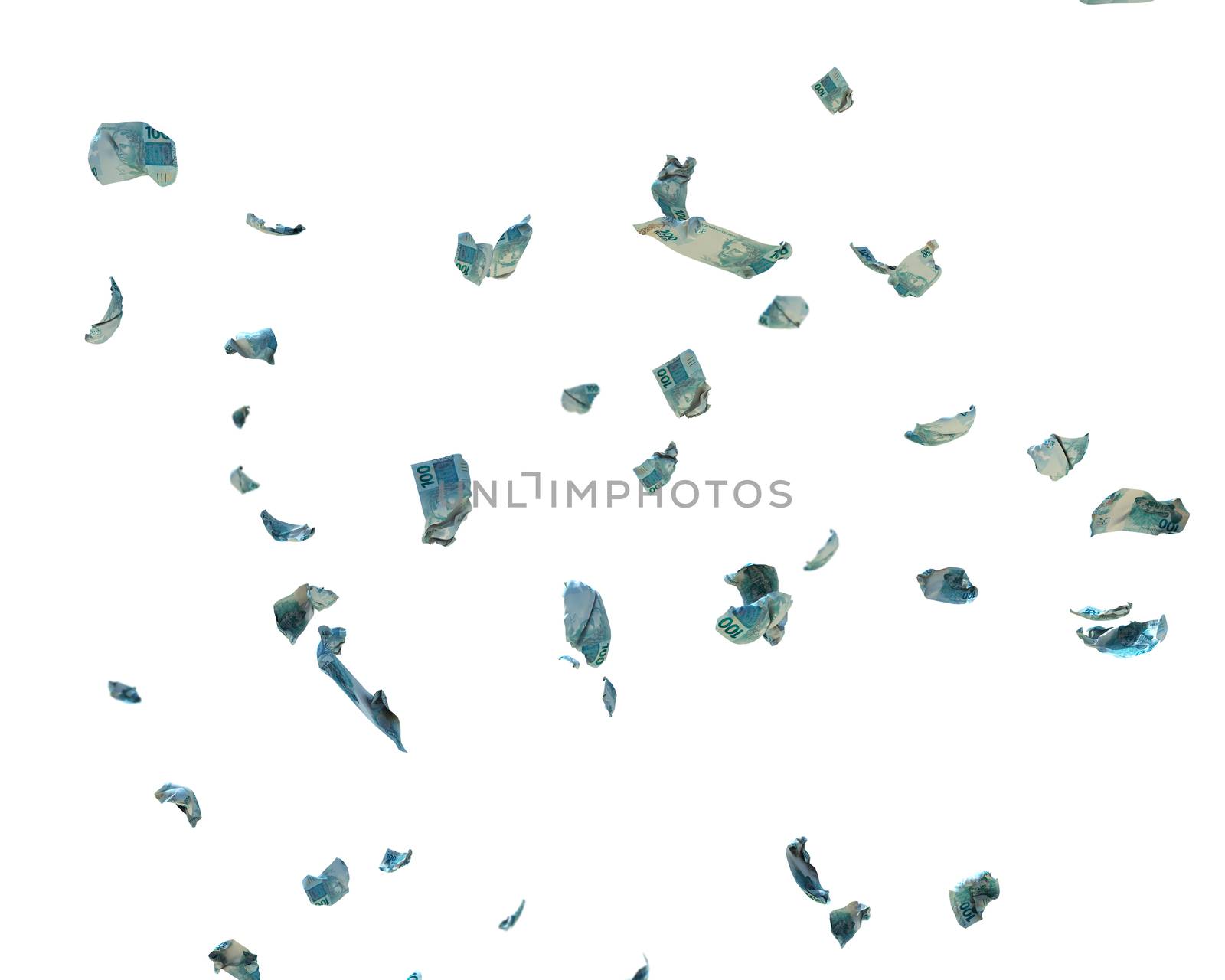 100 Brazil Reais Currency Crumpled Banknotes flying, against whi by pixelfootage