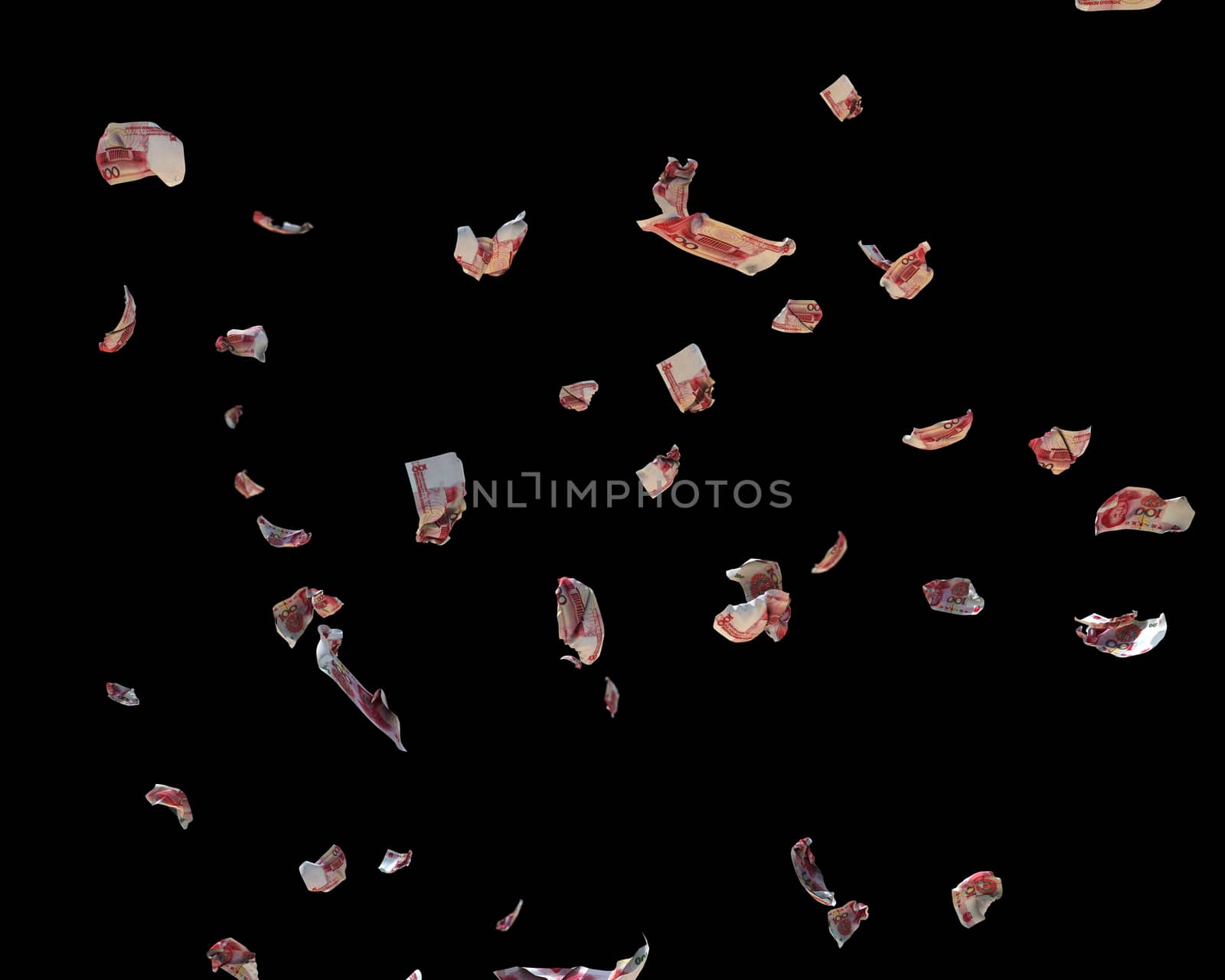 100 Chinese Yuan Currency Crumpled Banknotes flying, against black, clipping path included
