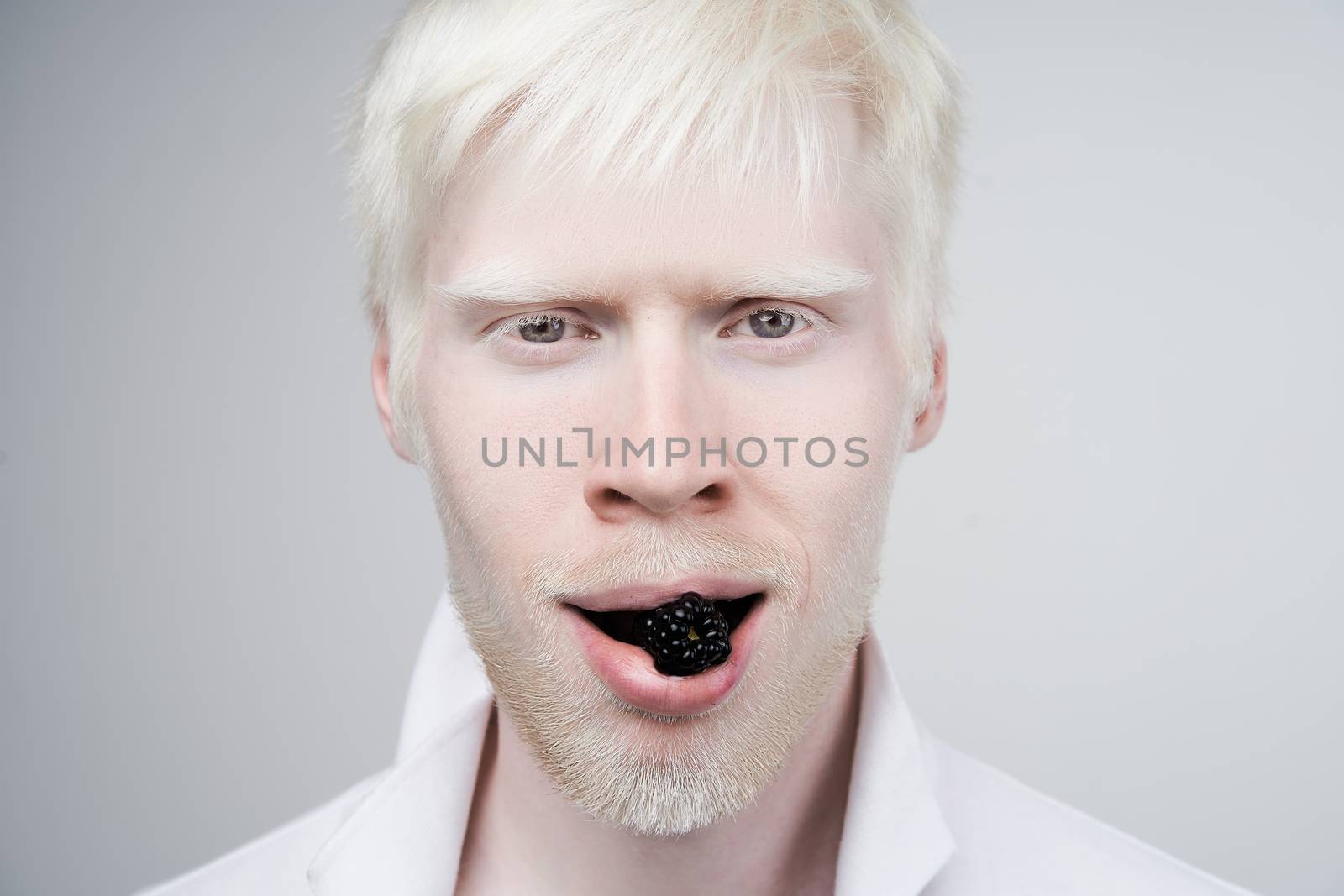 albinism Happy albino man white skin hair studio dressed t-shirt isolated white background. abnormal deviations. unusual appearance abnormality. Eat blackberry fruit mouth