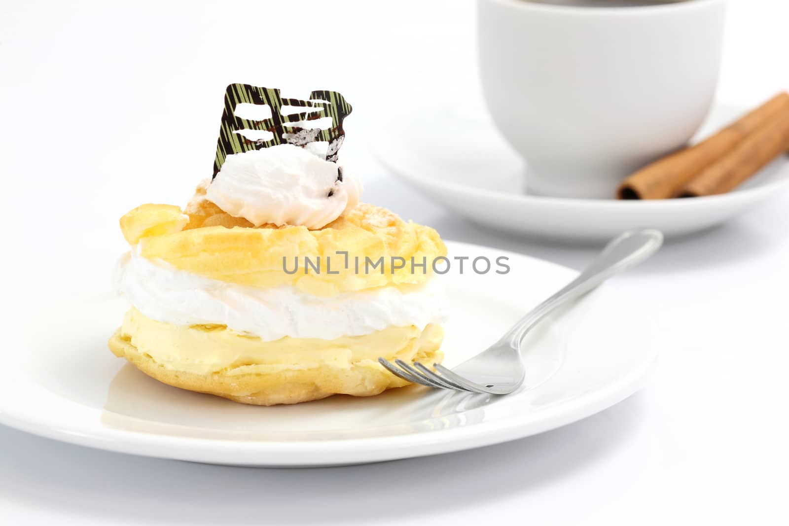 Cream puff cake Dessert and coffee isolated in white background