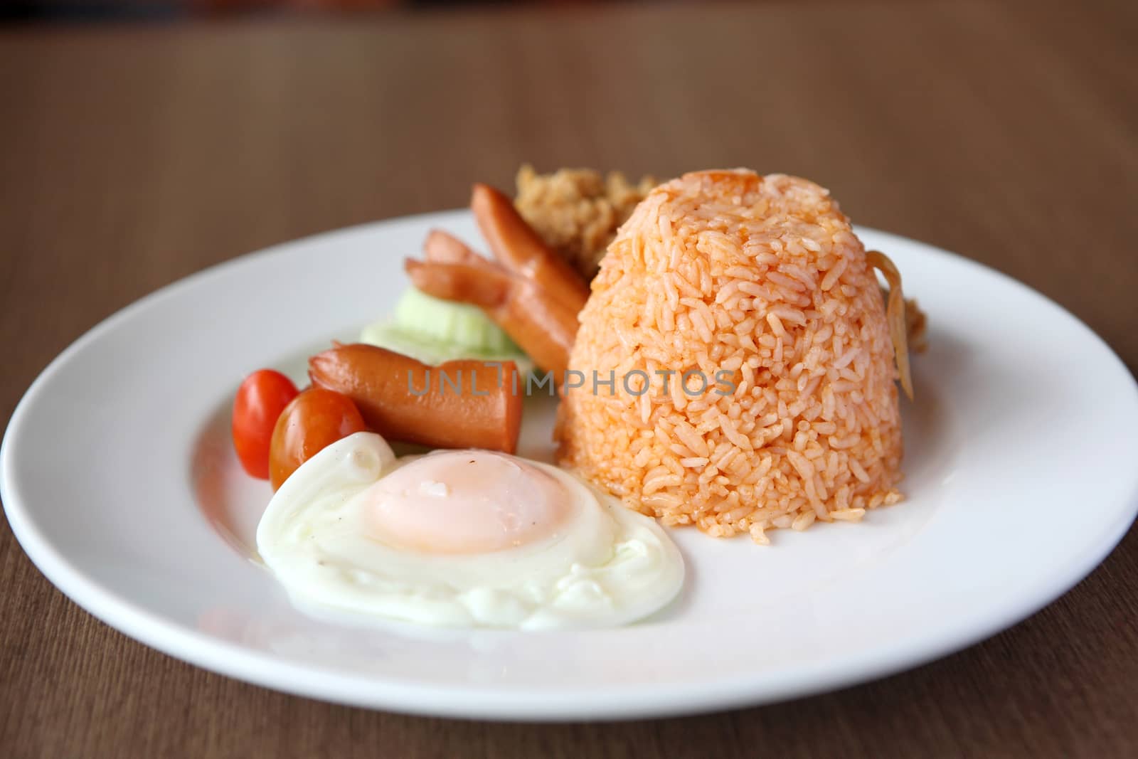 American Fried rice breakfast set on wood background