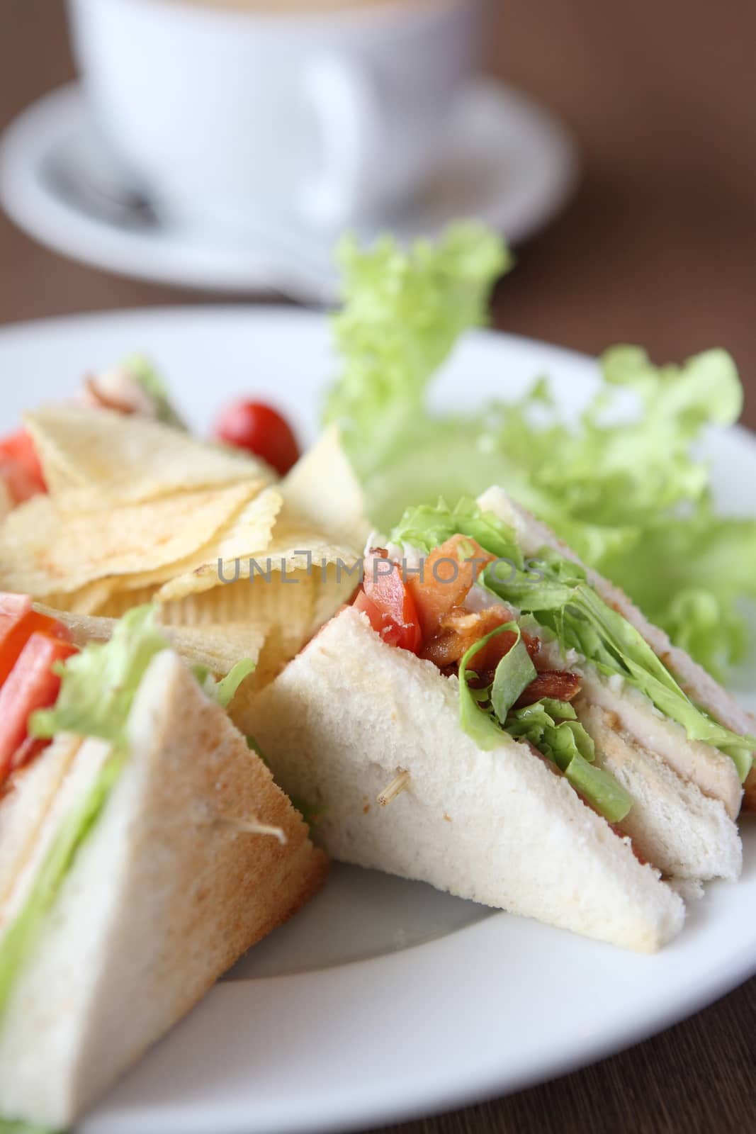 Club sandwich with coffee on wood background