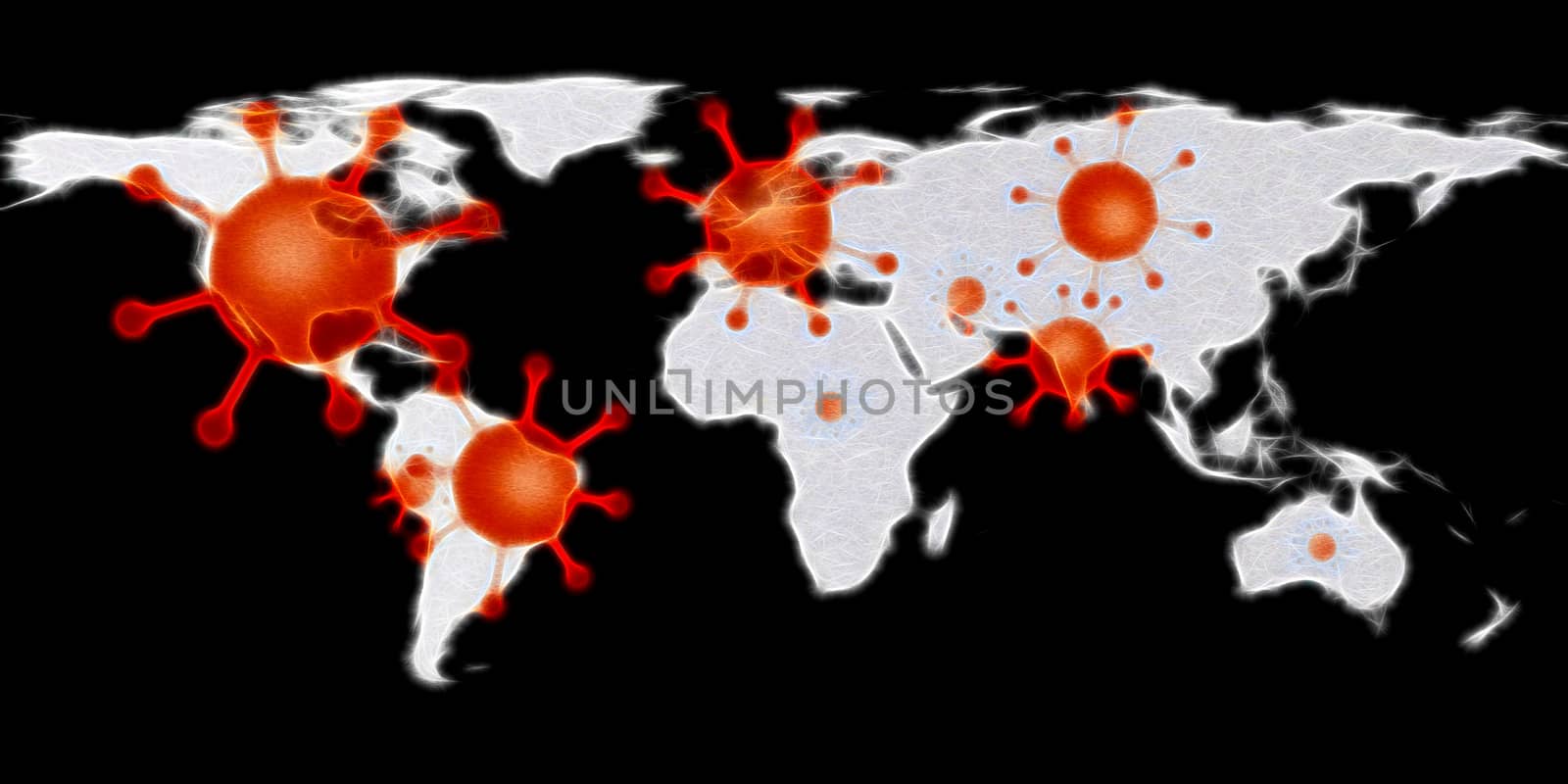 3D-Illustration of a world map showing the corona virus covid-19 hotspots in the United States and Europe.