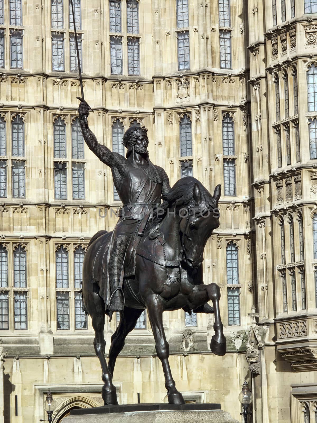 Richard I, (Richard the Lionheart) statue at the Houses Of Parliament in Westminster London, England UK which was created by Baron Carlo Marochetti and completed in 1867 a popular tourist travel destination landmark of the city stock photo