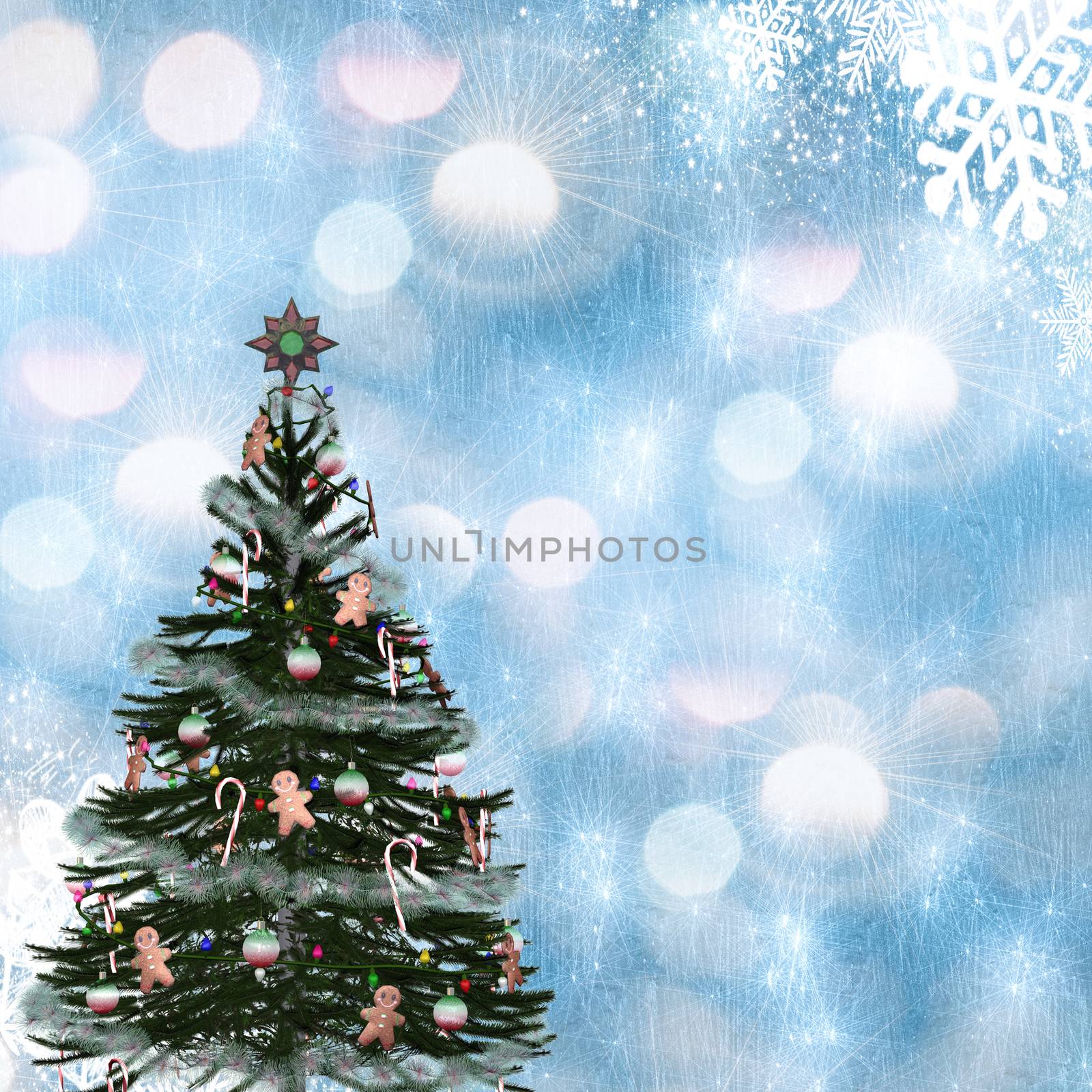 Beautiful Christmas card in vintage style with the image of a Christmas tree decorated with toys on a festive background with lights