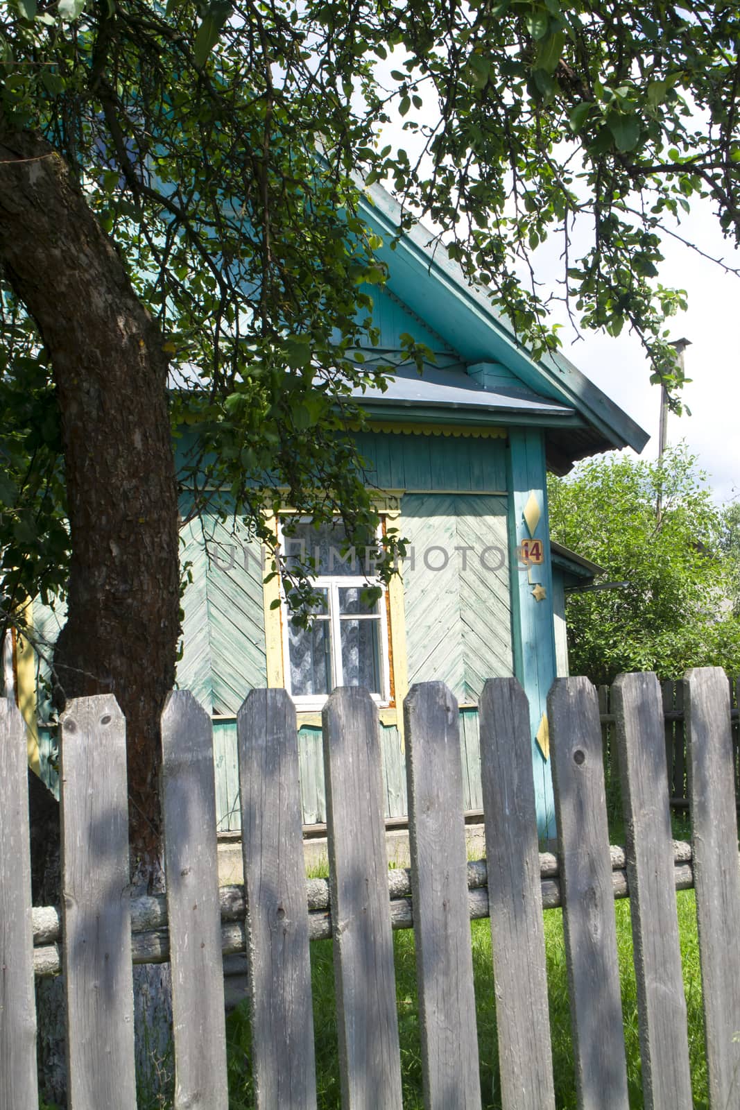 Authentic colourfully painted old wooden house in Belarus, vertical image