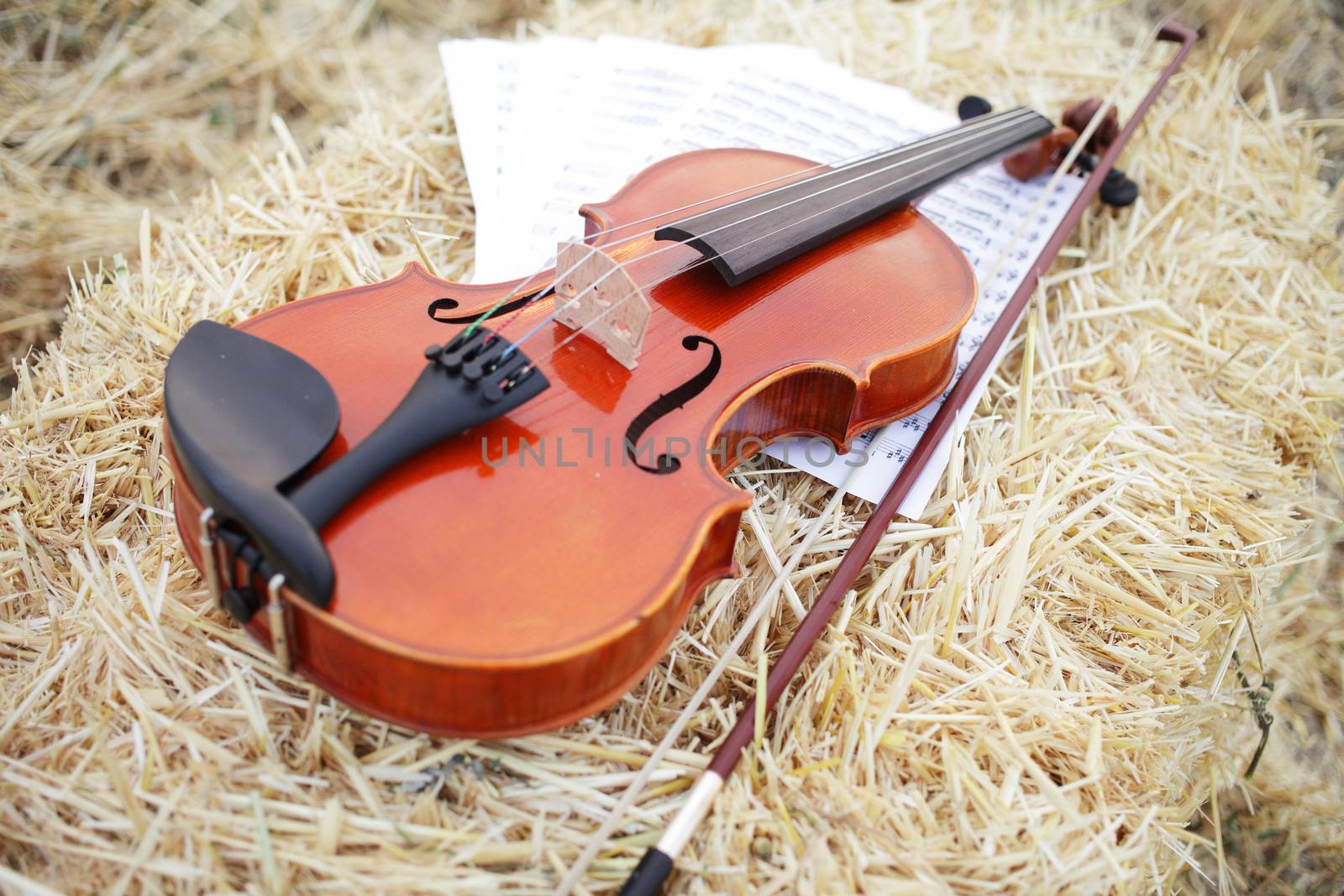 One violin and bow placed on a pile of straw in the field. Music Violin training by selinsmo