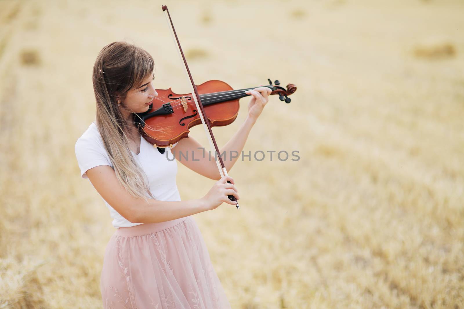 Beautiful romantic girl with loose hair playing the violin in the field. by selinsmo