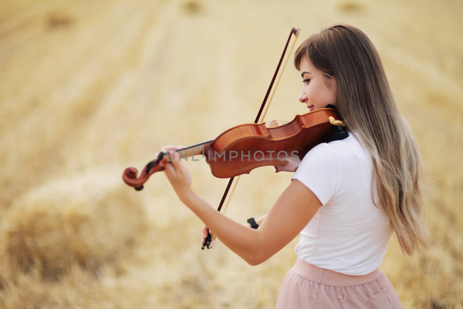 Beautiful romantic girl with loose hair playing the violin in the field. by selinsmo