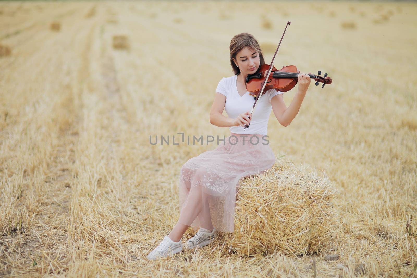 Beautiful romantic girl with loose hair playing the violin in the field. by selinsmo