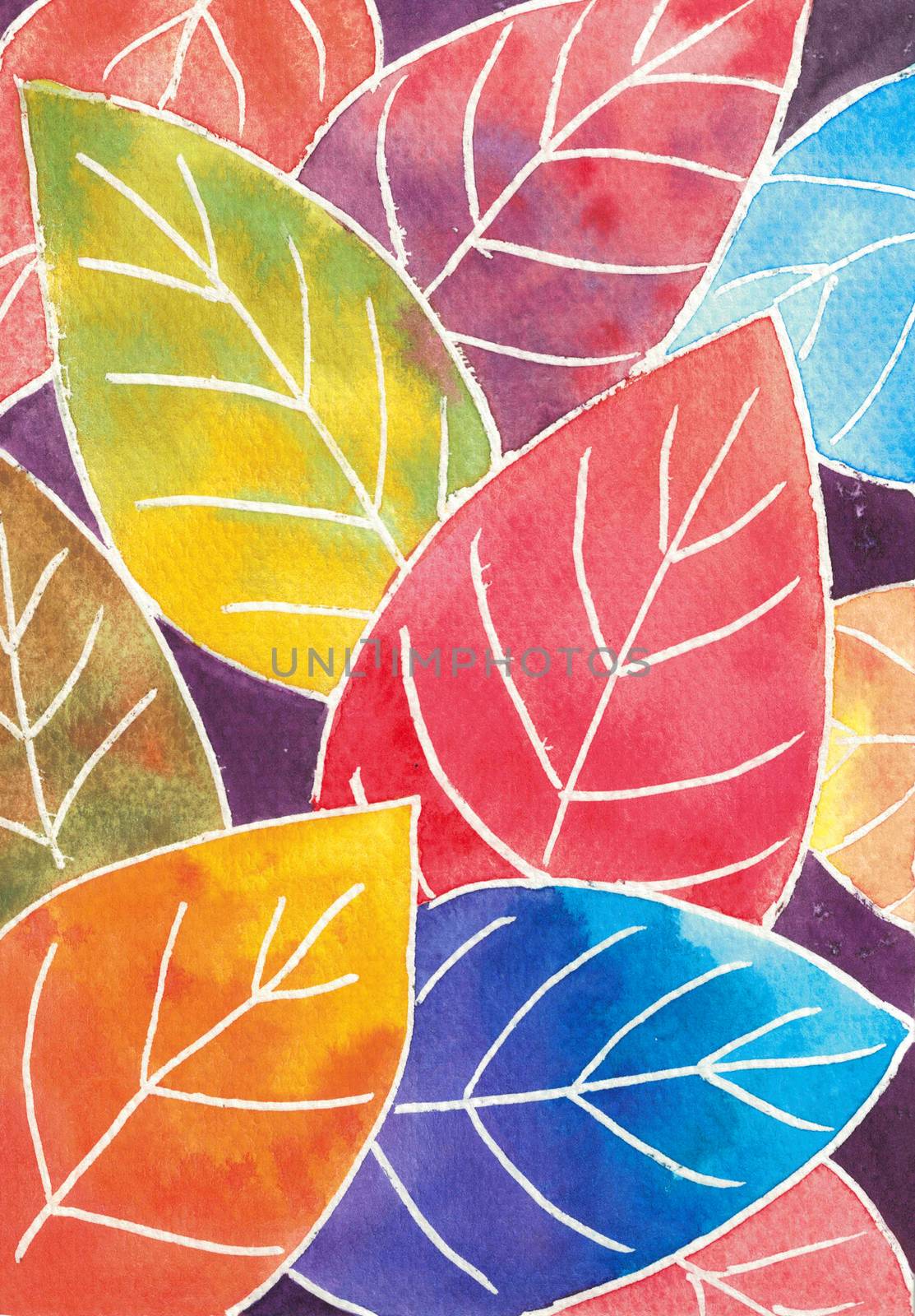 colourful autumn leaves background. Watercolor hand painting.