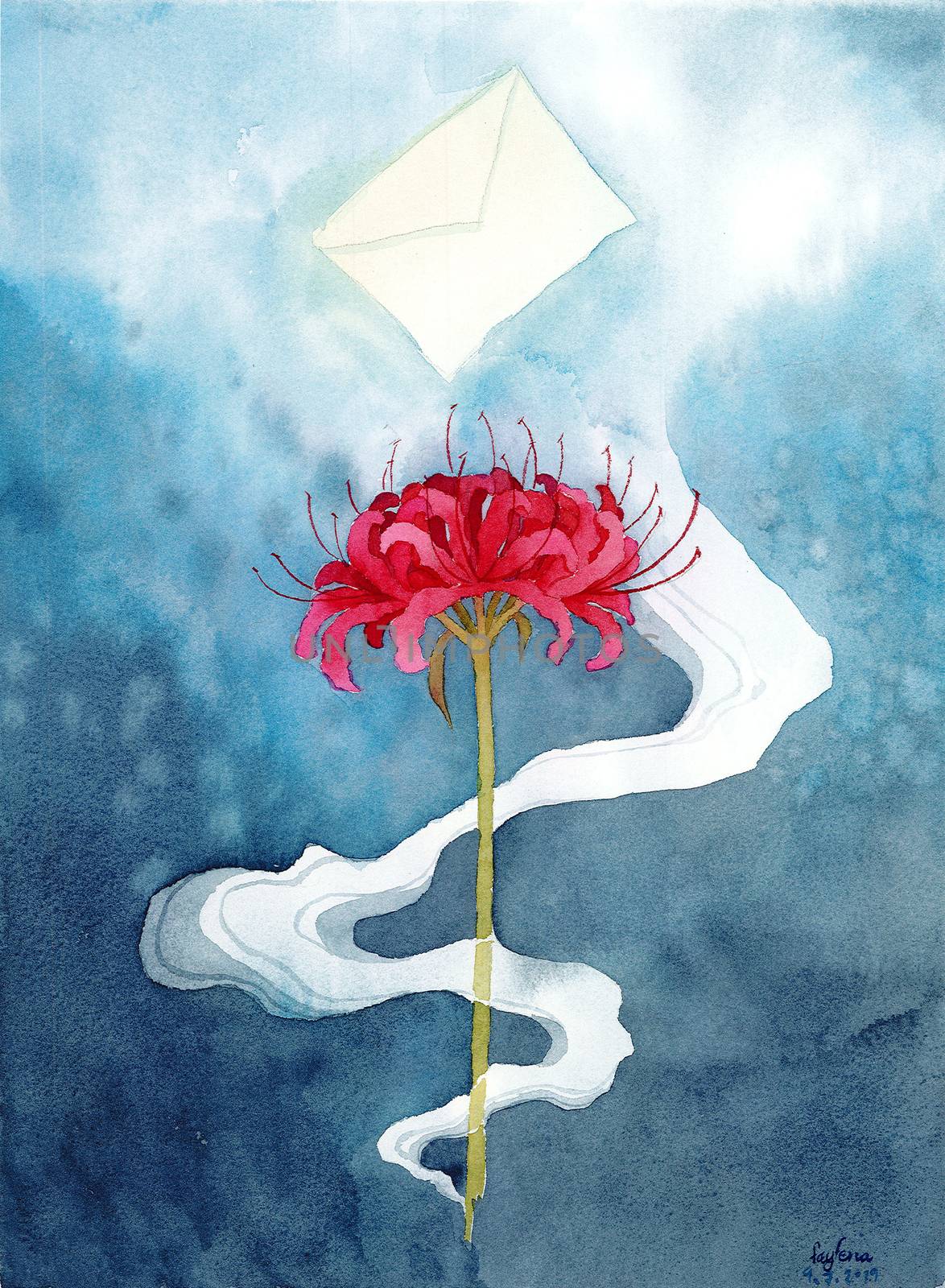 a red spider lily float in the air among the smoke groups. Flower of death in Japanese culture. Hand painting watercolor. by Ungamrung