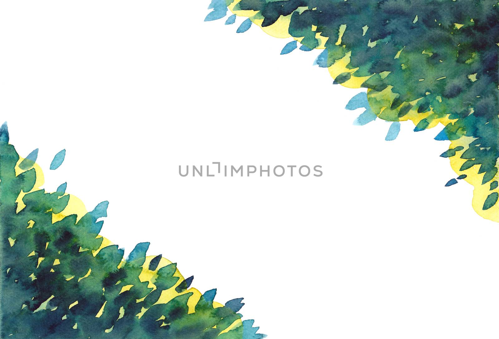 abstract watercolor hand painting green leaves, forest frame on white isolated background. Nature, ecology template.