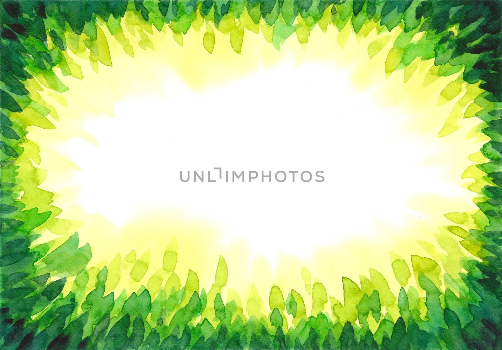 abstract watercolor hand painting green leaves, forest frame on white isolated background. Nature, ecology template. by Ungamrung