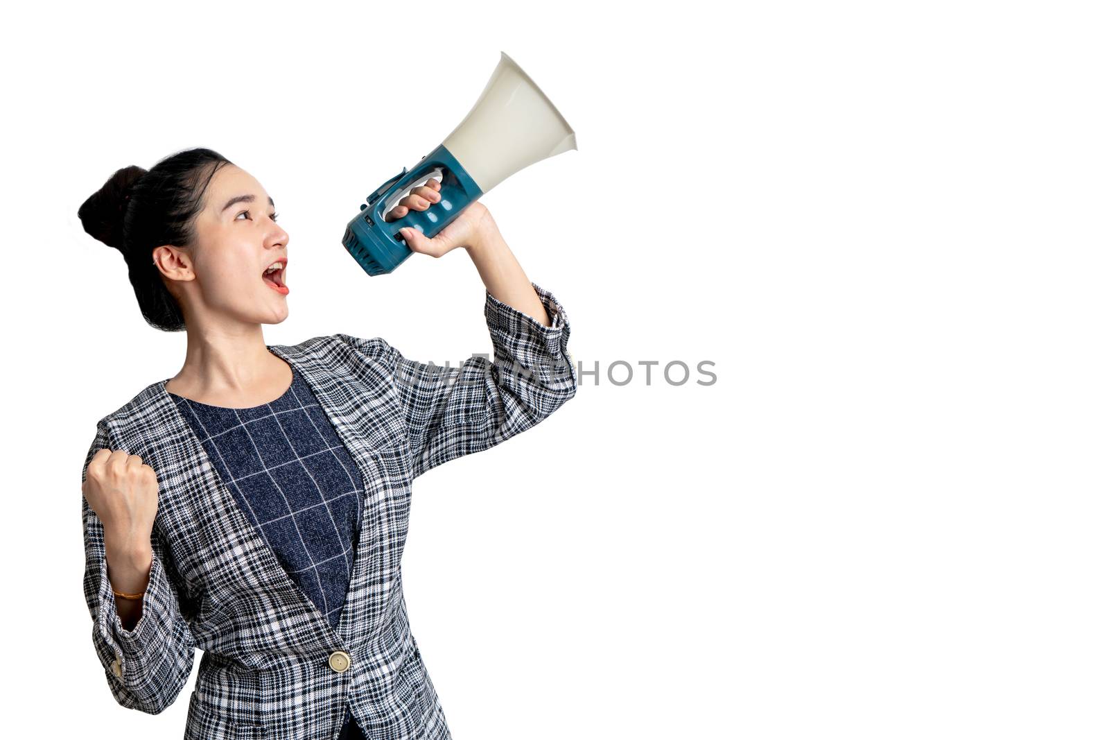 Business woman with mega speaker on isolated white