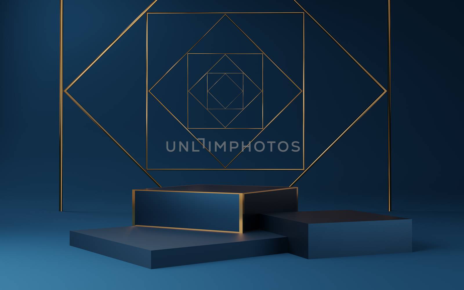 Empty blue cube podium with gold border  and gold square on blue background. Abstract minimal studio 3d geometric shape object. Mockup space for display of product design. 3d rendering.