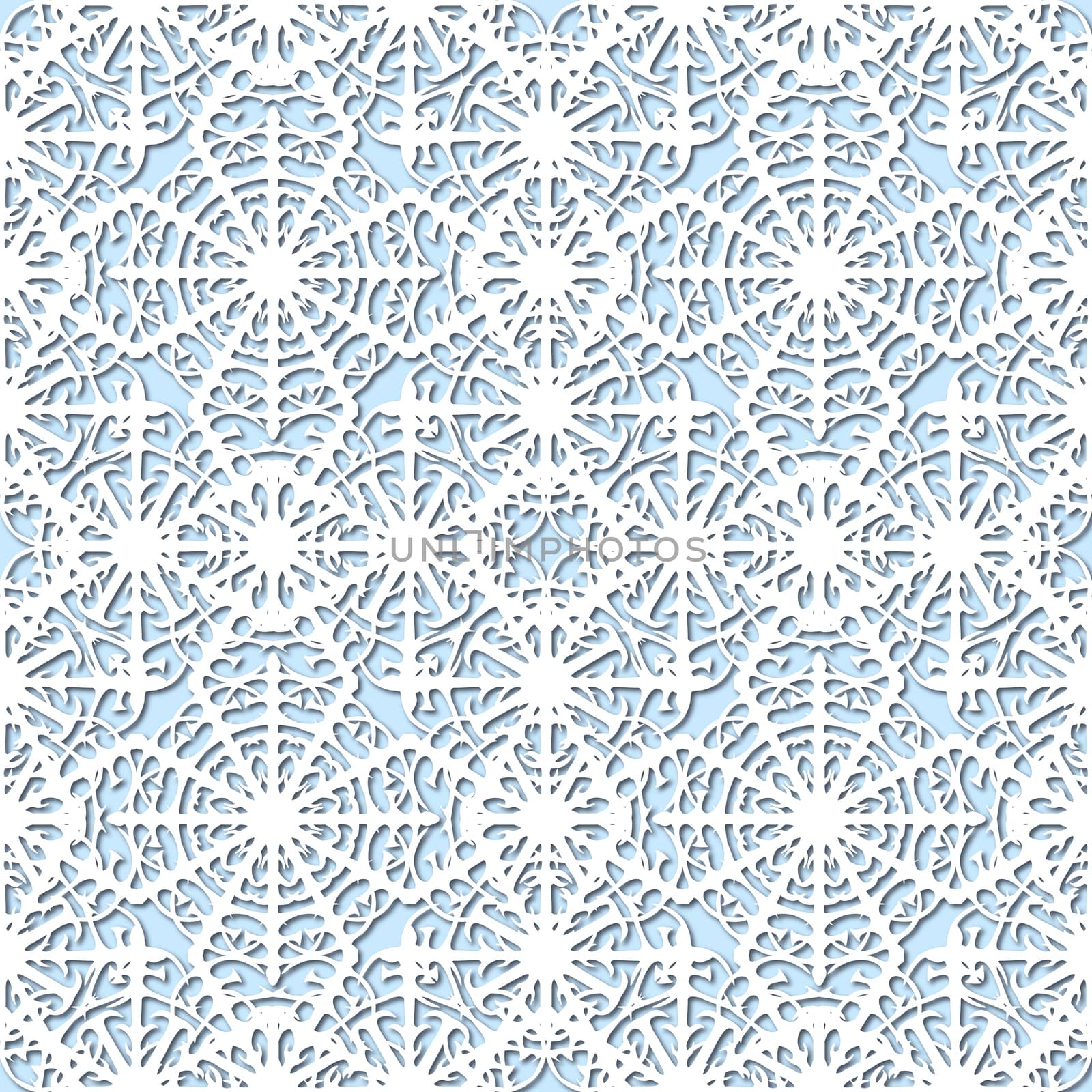 White snowflakes on pale blue background, damask ornament seamless pattern. Paper cut style with drop shadows and highlights.