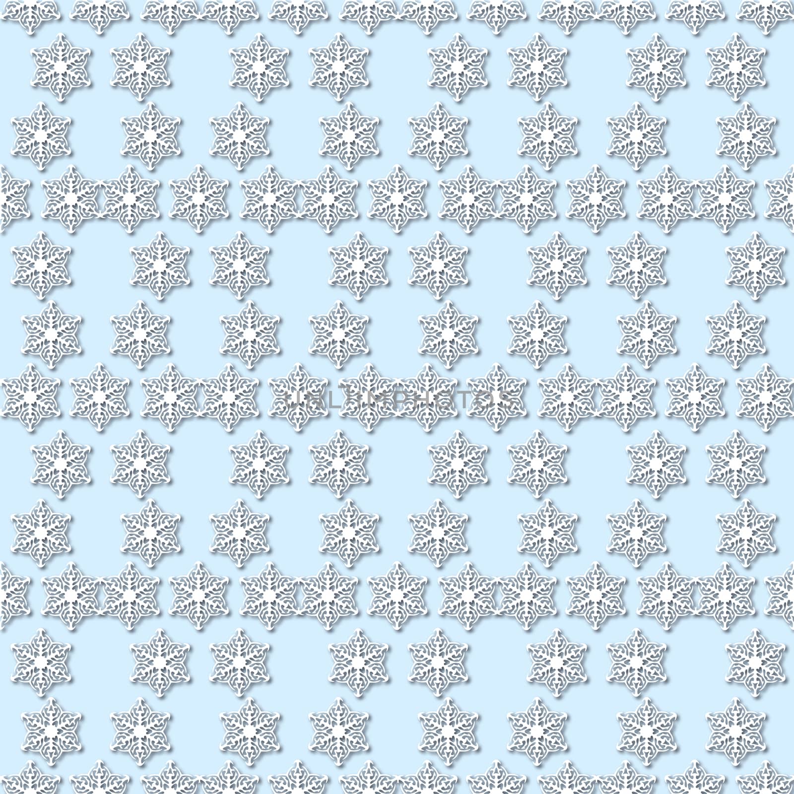 White snowflakes on pale blue background, damask ornament seamless pattern. Paper cut style with drop shadows and highlights.