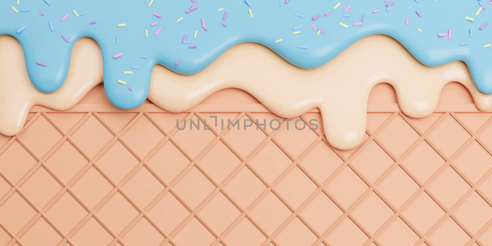 Mint and Vanilla Ice Cream Melted with Sprinkles on Wafer banner Background with copy space.,3d model and illustration.