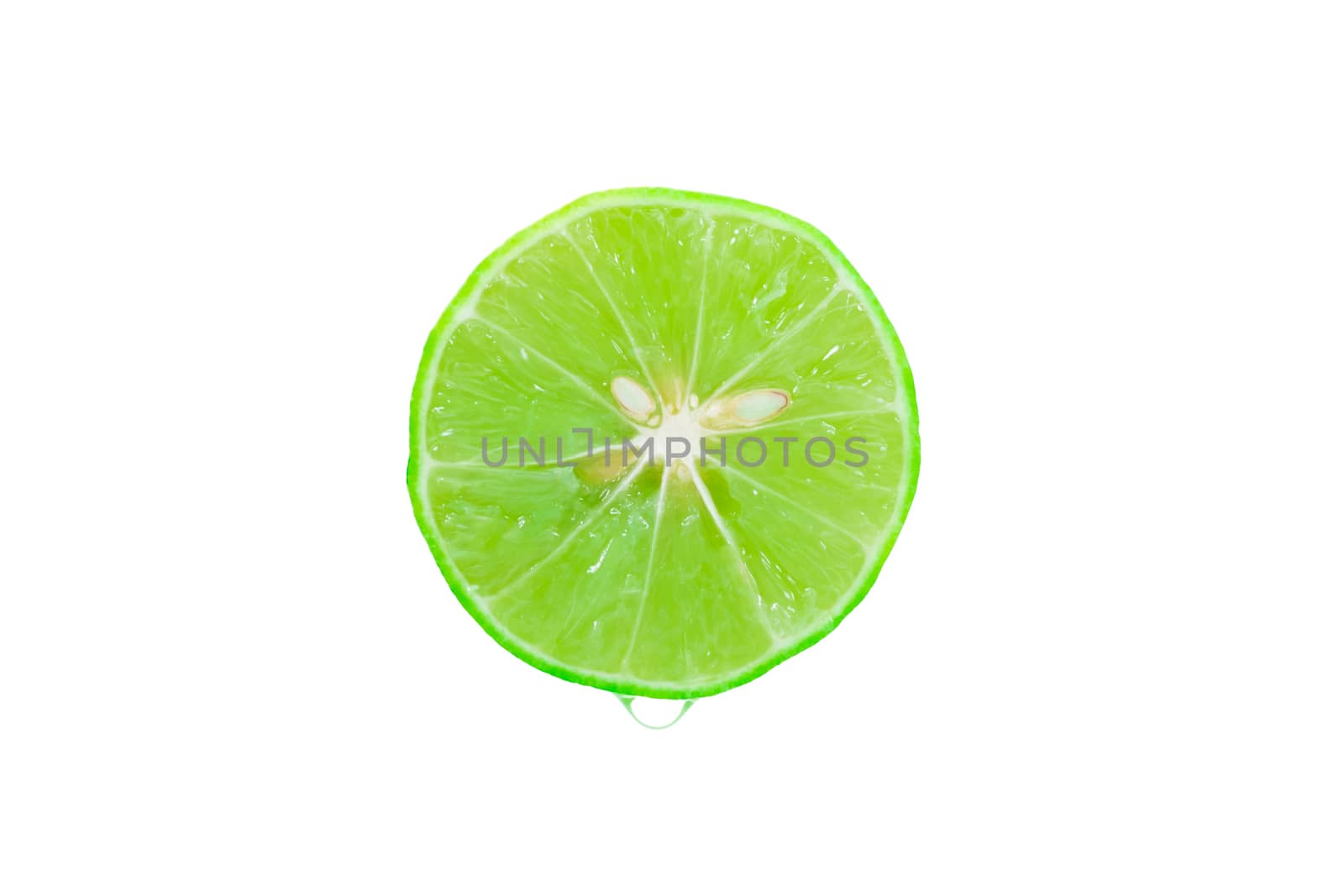 Fresh green lemons Water droplets on a white background by sompongtom