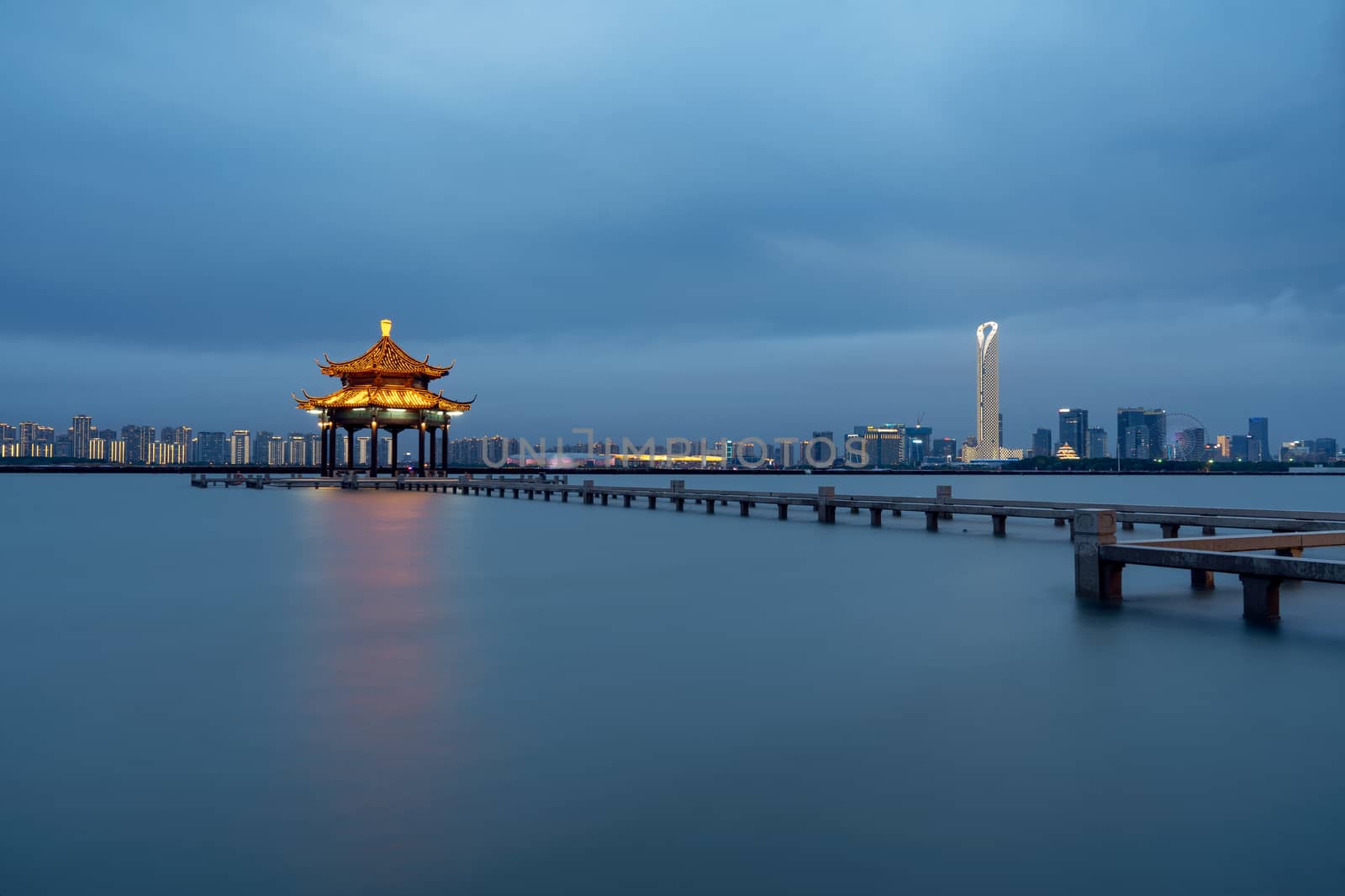 City landscape around the lake. Photo in Suzhou, China.