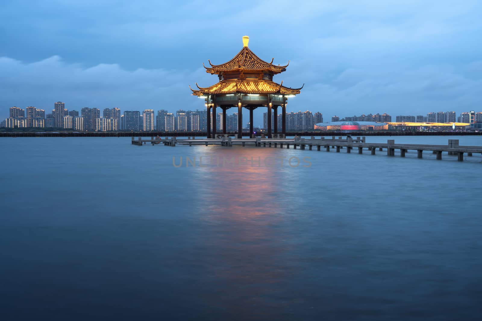 City landscape around the lake. Photo in Suzhou, China.