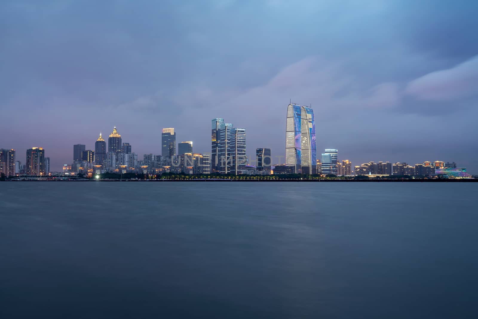 City landscape around the lake. Photo in Suzhou, China.