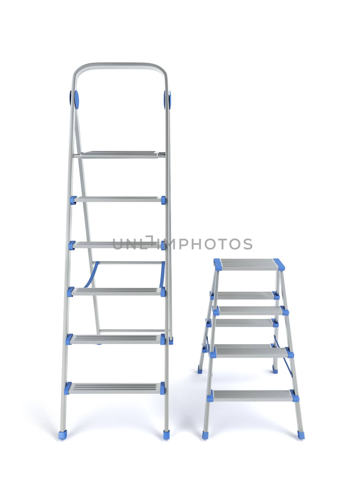 Two aluminum stepladders with different sizes on white background
