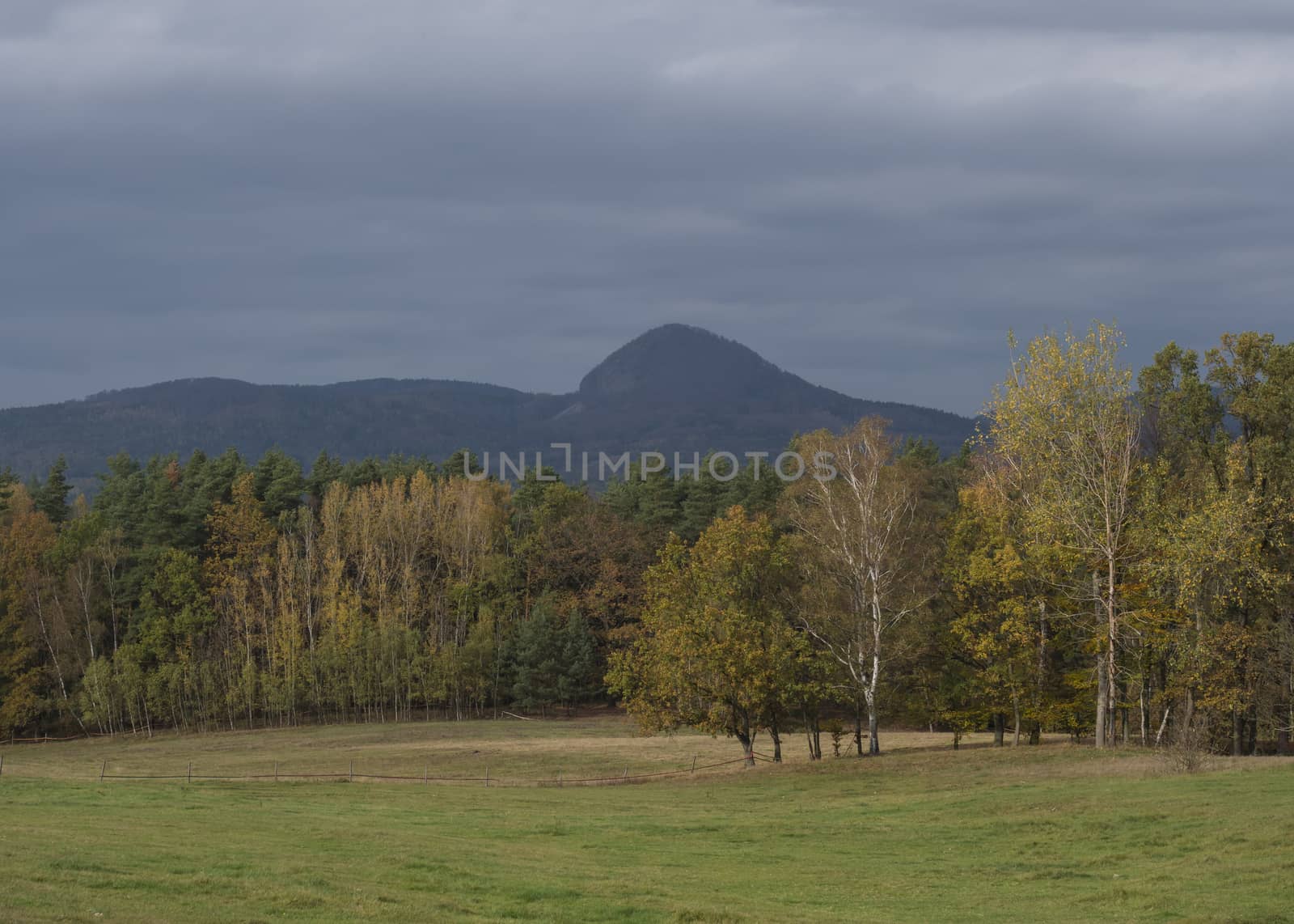 meadow with autumn colorful forest and trees and hills, moody sky. Landscape in luzicke hory Lusitian mountain