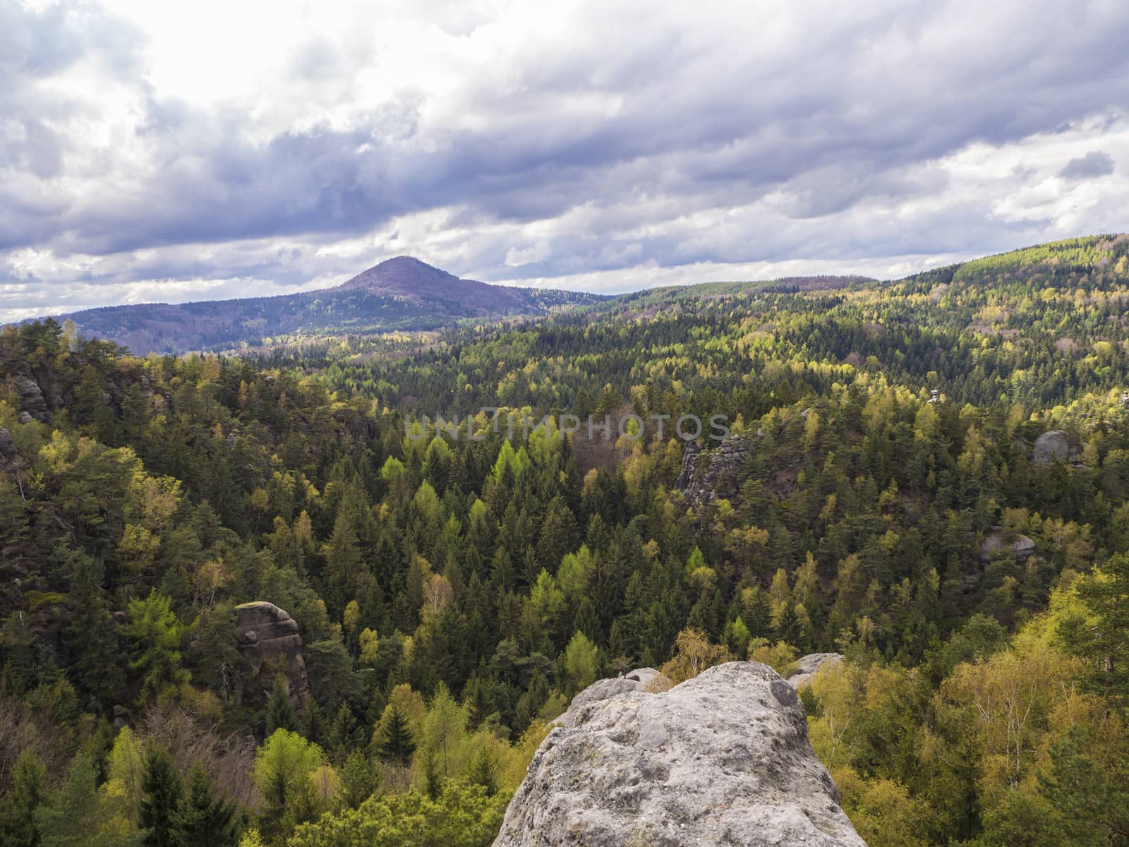 view from sandstone pillar on Luzicke hory mountain panorama with dramatic clouds and forests by Henkeova
