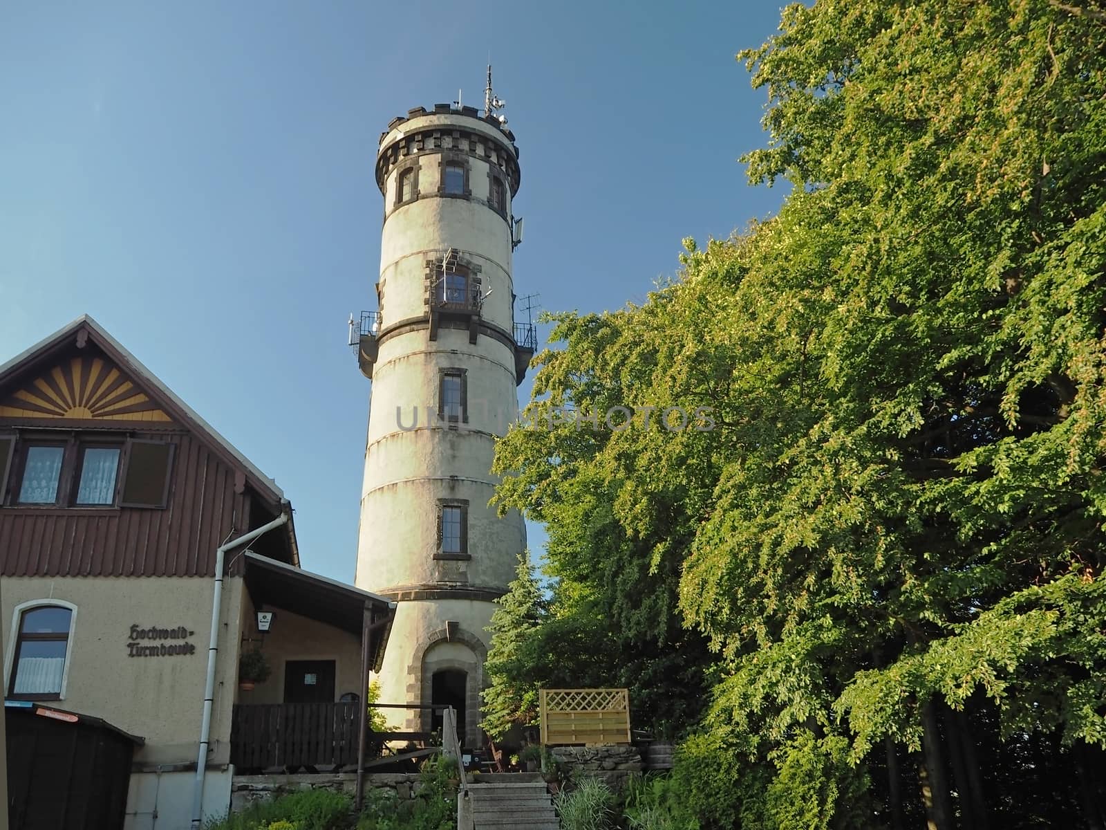 GERMANY, SACHSEN,JULY 5,2016: Old lookout tower on Hochwald Hvozd hill and Turmboude on czech german border in luzicke hory