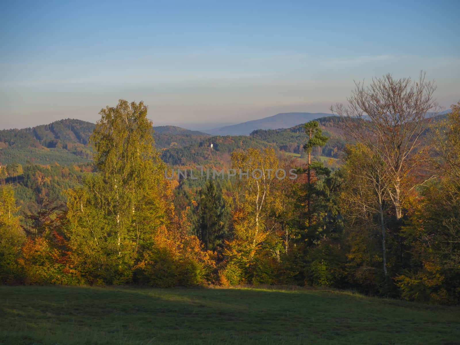 green meadow with autumn colorful forest and trees and hills before sunset landscape in luzicke hory mountain