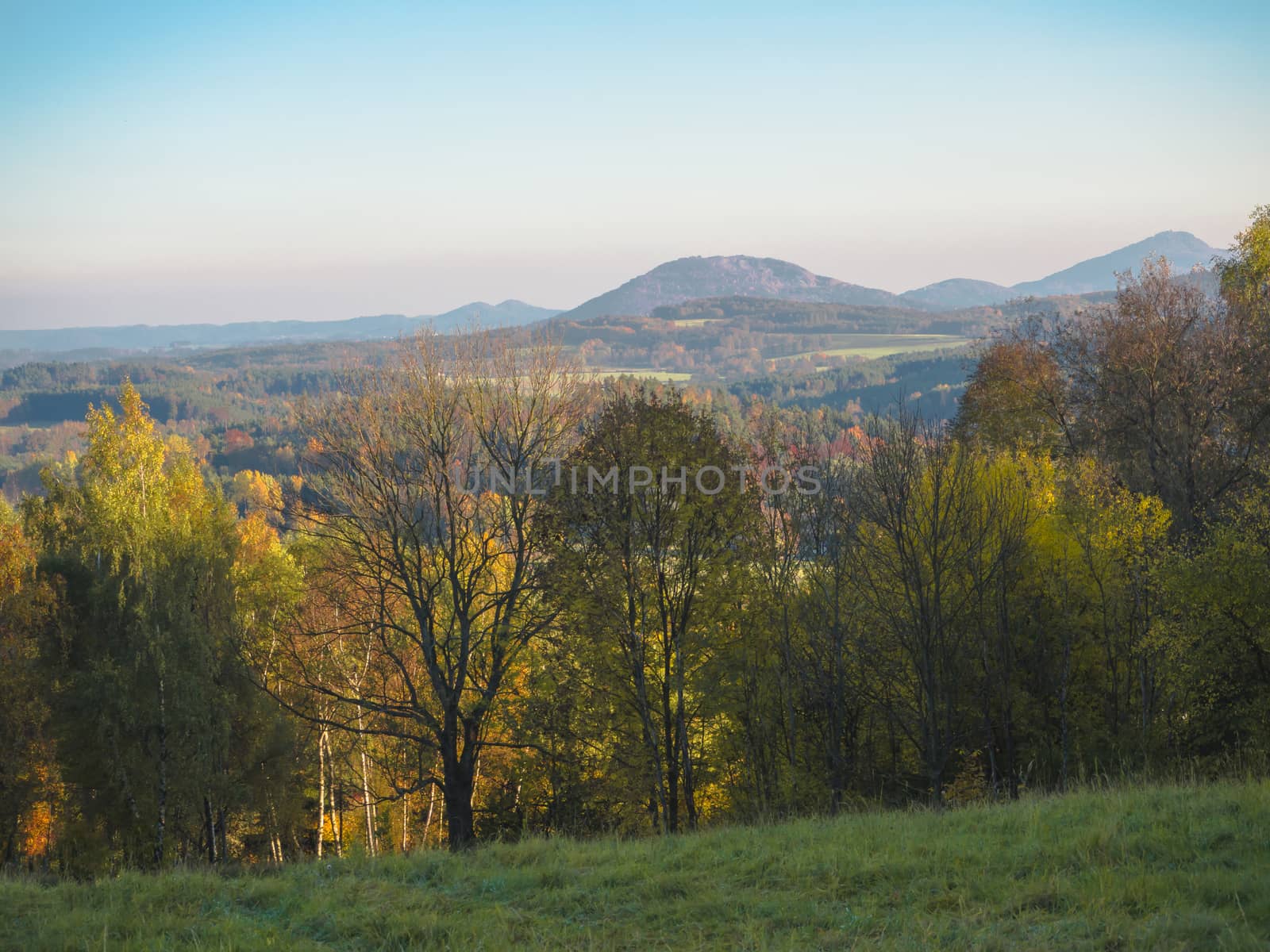 green meadow with autumn colorful forest and trees and hills before sunset landscape in luzicke hory mountain