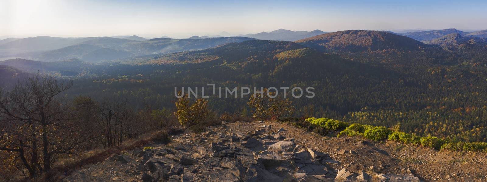 Panoramic view from Klic or Kleis one of the most attractive view-points of the Lusatian Mountains with autumn colored deciduous and coniferous tree forest and green hills, golden hour light. by Henkeova