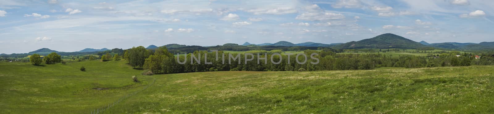 idyllic spring panoramic landscape in lucitian mountains, with lush green grass meadow, fresh deciduous and spruce tree forest, hills, blue sky white clouds background, horizontal, copy space.